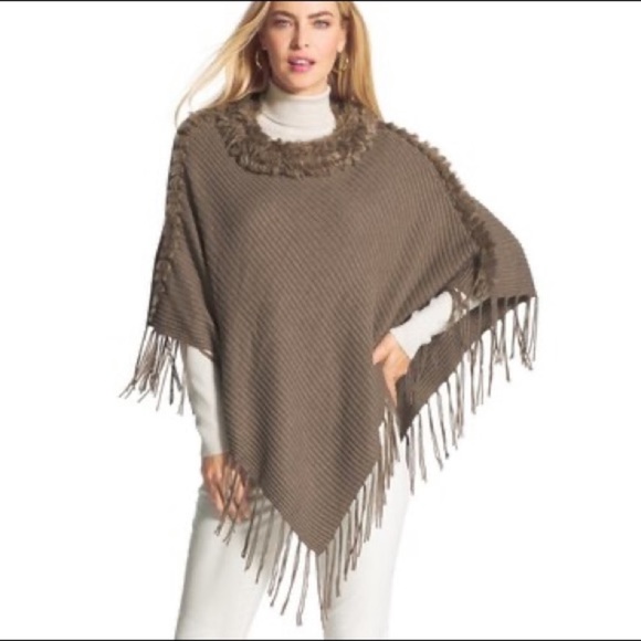 NWT Chico's Taupe Faux Fur Detachable Collar Frayed Poncho, Sz. O/S (One Size) - Picture 2 of 11